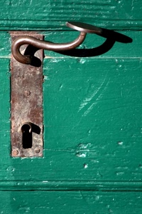 verde, maniglia, serratura, porta, ferro, legno, ombra