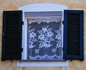 finestra, tenda, persiane, fiori, ricamo, pizzo, ante, tendina, bianco