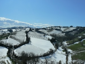 neve, colline, inverno, panorama, cielo, alberi, paesaggio, vigneti, strade, nuvole