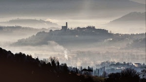 nebbia, colline, panorama, paesaggio, foschia, collina, borgo, montagne, castello, fumo, paese