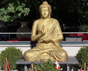 statua, oro, budda, dorato, mani, alberi, piante, verde, foglie, buddha, seduto, incrociate, panchina, cespugli, rosso, gambe, bianco, dorata