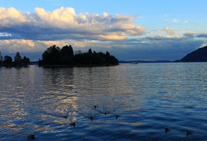 nuvole, acqua, lago, isola, cielo, alberi, anatre, azzurro, tramonto, riflesso