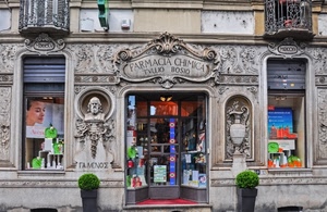 farmacia, insegna, piante, vetrina, vetrine, negozio, balconi, palazzo, vasi