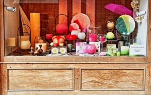 vetrina, colori, candele, legno, negozio, esposizione, riflessi, faretti