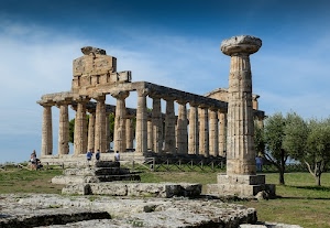 alberi, colonne, tempio, cielo, verde, rovine, erba, colonna, staccionata, rudere, nuvole, prato, paestum, pietre, ruderi, capitelli, azzurro, greco, sassi, persone
