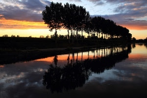 tramonto, alberi, nuvole, fiume, cielo, riflessi, riflesso, acqua, rosso, arancione, fila, controluce, prospettiva