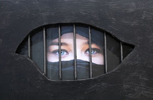 occhi, nero, donna, velo, sguardo, sbarre, grata, murales, azzurro, azzurri, prigione, sopracciglia, volto