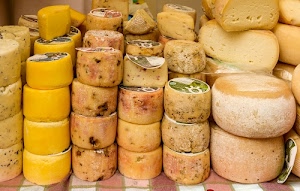 formaggi, forme, formaggio, giallo, etichette, tovaglia, colonne, latticini, catasta