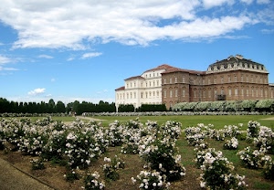 fiori, nuvole, alberi, giardino, cielo, finestre, palazzo, reggia, parco, piante, prato, verde, rose, erba, cespugli, castello, roseto, azzurro, bianchi, comignoli, aiuola, villa, aiuole