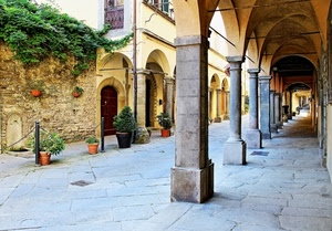 strada, colonne, archi, vasi, portico, portici, piante, prospettiva, porticato, pilastri, catene, finestre, muro