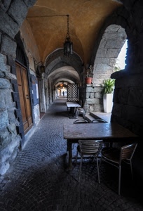 sedie, portico, tavolo, archi, portici, lampione, portone, tavolino