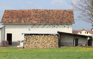 tetto, casa, prato, legna, erba, porta, pollaio, catasta, verde, rami, legnaia, albero, cielo, campagna, tettoia, galline, recinzione, legno, casolare