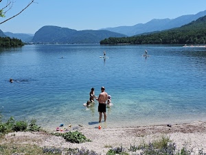 lago, bagnanti, persone, acqua, cielo, spiaggia, erba, riva, montagne, verde, azzurro, monti, montagna, alberi, piante, bambini, costume, colline