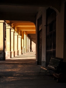 colonne, panchina, portico, ombra, portici, prospettiva, luce, ombre
