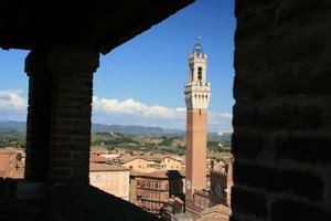 torre, panorama, nuvole, siena, cielo, merli, campanile, muro, case, orologio
