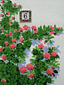 numero, foglie, sei, fiori, muro, verde, dipinto, murales, rosa