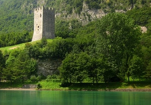 torre, alberi, verde, acqua, lago, fiume, merli, castello