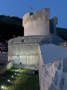 torre, castello, bandiera, luci, notturno, notte, muro