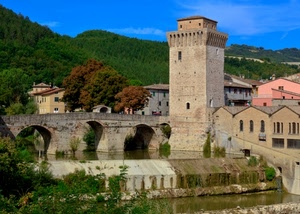 ponte, torre, alberi, fiume, acqua, archi, arcate, case, cascata