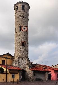 torre, orologio, case, tetti, finestre, nuvole, cielo, tetto, rosso