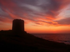 tramonto, torre, rosso, mare, nuvole, controluce