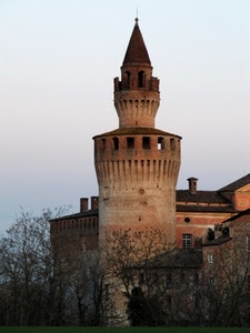 castello, torre, alberi, comignoli, finestre, cielo