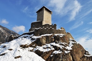 neve, torre, montagna, nuvole, roccia, mura, castello, rocca, merli, rocce, cielo