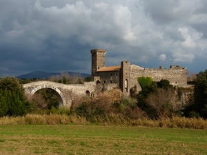 ponte, castello, torre, nuvole, alberi, prato, cielo, torri