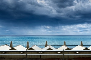 mare, cabine, cielo, ombrelloni, nuvole, acqua, azzurro
