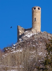 torre, cielo, uccello, rudere, castello, alberi, ruderi, aquila, rocca, roccia, neve, piante
