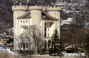castello, torri, alberi, neve, merli, strada
