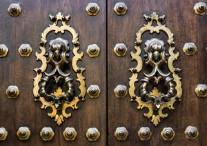 legno, batacchi, porta, ottone, portone, oro, metallo, borchie, batacchio, due, battenti, battiporta, chiodi