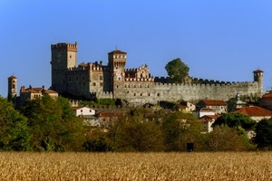 alberi, castello, torri, merli, campo, cielo, campanile, case, mura, grano, verde, granoturco, azzurro, finestre, paese, paesaggio
