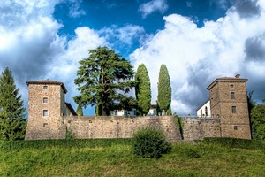 alberi, torri, nuvole, castello, cielo, verde, erba, mura, finestre