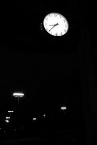 orologio, numeri, lancette, lampioni, nero, luci, notte, bianco