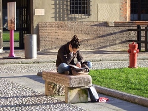 panchina, libro, ragazza, donna, leggere, idrante, lettura, finestra, erba, prato, verde, ombre, rosso