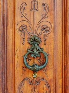 legno, porta, batacchio, battiporta, ferro, metallo, marrone, maniglia, floreale, verde, bronzo, ottone, decorazioni, portone