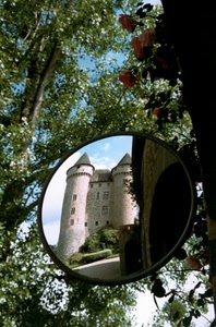 specchio, castello, torri, alberi, riflesso, albero, rami