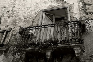 balcone, ringhiera, vasi, finestra, fiori, bianconero, porta