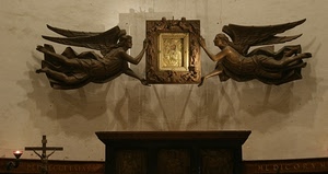 angeli, quadro, ali, crocifisso, altare, croce, ombre, oro, madonna, due, sacro, cornice