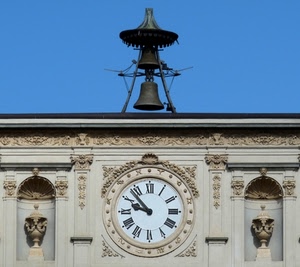 orologio, lancette, numeri, campane, cielo, vasi, campana, azzurro, cerchio, bianco, bronzo, segni, romani, ora, ore, blu