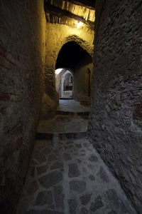 vicolo, arco, luce, muri, gradini, lampione