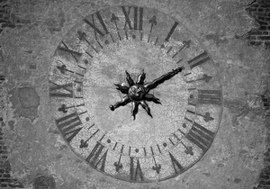 orologio, numeri, sole, lancette, romani, ore, parete, muro, bianconero