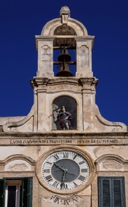 finestre, orologio, campane, statua, campanile, cielo, lancette, chiesa, santo, campana, ore, arco, blu, archi, scritta, vela