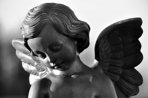 angelo, ali, bianconero, statua, capelli, ombre, volto