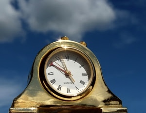 orologio, cielo, lancette, oro, nuvole, numeri, ore, sveglia, blu