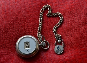 orologio, rosso, catena, cipolla, ciondolo, metallo, pelle