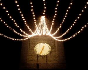 orologio, luci, lancette, torre, luminarie, numeri, ora, campanile