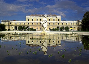 statua, riflesso, acqua, fontana, palazzo, villa, alghe, nuvole
