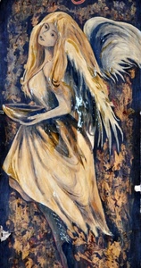 angelo, capelli, ali, ciotola, dipinto, murales, donna, disegno